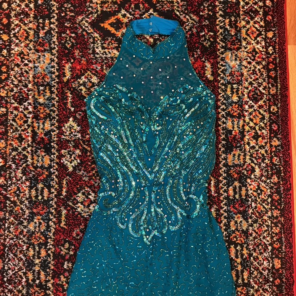 vintage Cache gown silk, hand beaded, pristine condition, heavy turquoise